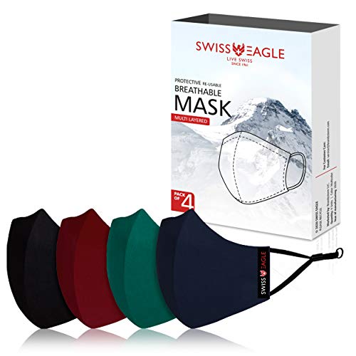 Swiss Eagle Respirador De Algodón Multicolor Mascarilla Facial Reutilizable Para Exteriores De 6 Capas (Paquete De 4) (Negro, Granate, Verde, Azul Marino)