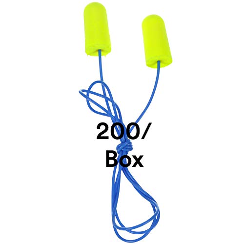 3M Tapones para los oídos, 200/caja, E-A-Rsoft Yellow Neons 311-1250, con cable, desechables, espuma, NRR 33, taladrar, moler, mecanizar, aserrar, lijar, soldar, 1/bolsa de polietileno
