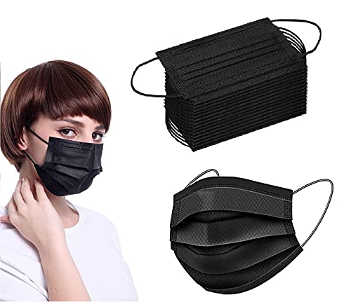 50 máscaras faciales desechables de color negro, 3 capas protectoras de seguridad con bucles elásticos, antipolvo, máscaras faciales