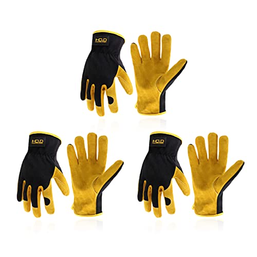 Guantes de jardinería de cuero para hombre, guantes de trabajo utilitarios para mecánicos, construcción, conductor, diseño transpirable destreza (mediano, 3 pares amarillo)