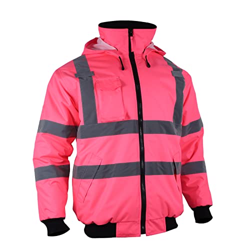 Chaqueta de seguridad reflectante de alta visibilidad, ropa de trabajo, ANSI, impermeable, forro acolchado, chaqueta ligera para mujer (rosa, 2XL)