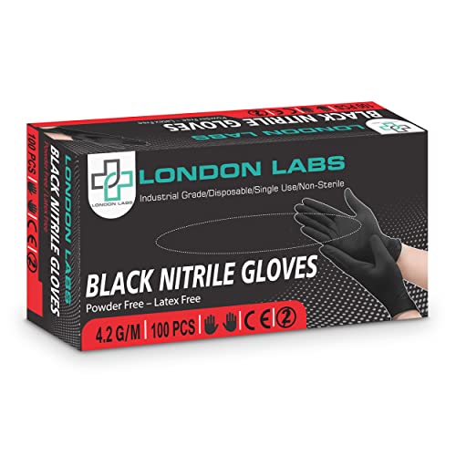 London Labs Guantes de nitrilo desechables industriales negros, 4,2 mm de grosor, sin látex, sin polvo, (caja de 100) (extragrande)