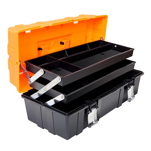 Torin Caja de herramientas de plástico de 17 pulgadas, organizador de caja de herramientas portátil de almacenamiento multifunción de 3 niveles, negro/naranja ATRJH-3430T
