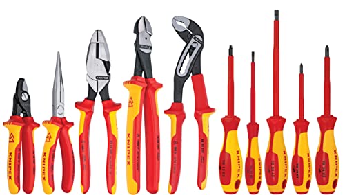Knipex Tools LP - 9K989831US - Juego de 10 alicates aislados de alto apalancamiento, 1,000 V, cortadores y desarmadores, juego de herramientas industriales, color rojo
