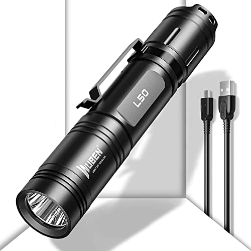 WUBEN Linterna recargable L50 de alta luminosidad, 1200 lúmenes, linterna táctica súper brillante, 5 modos e IP68 impermeable USB de mano para exteriores, camping, emergencia (negro)