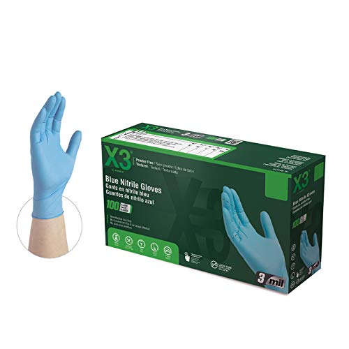 AMMEX - X344100-BX - Nitrile Gloves - X3 - Disposable, Powder Free, Latex Rubber Free, Industrial, 3 mil, Medium, Blue (Box of 100)
