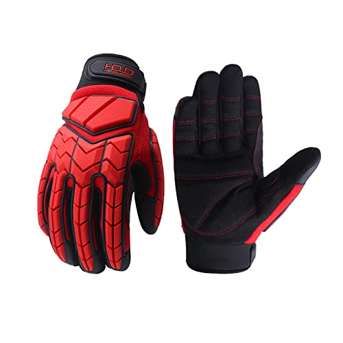 Guantes mecánicos de servicio pesado, guantes acolchados premium (antivibración, antiabrasión, guantes de impacto) (XXL, negro y rojo)