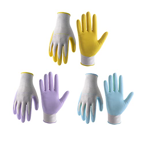 Guantes de jardinería para mujer, guantes de trabajo con revestimiento de nitrilo de espuma, 6 pares y 3 pares de guantes de trabajo protectores transpirables guantes de trabajo de jardín (mediano/3 pares, amarillo+azul+morado)