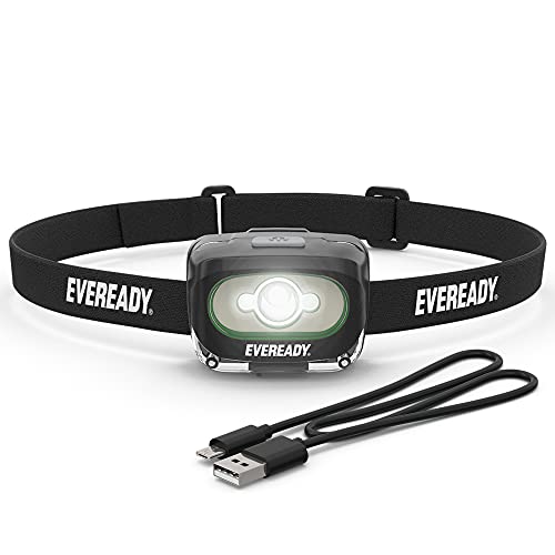 Eveready Value - Linterna Frontal Recargable IPX4, Resistente al Agua, Lente irrompible, luz LED para Exteriores y de Emergencia, Cable USB Incluido, Negro
