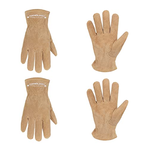 Guantes de trabajo de cuero para niños, 2 pares de guantes de jardinería, guantes de jardín para niños de 2 a 9 años (mediana edad de 4 a 6 años), color marrón