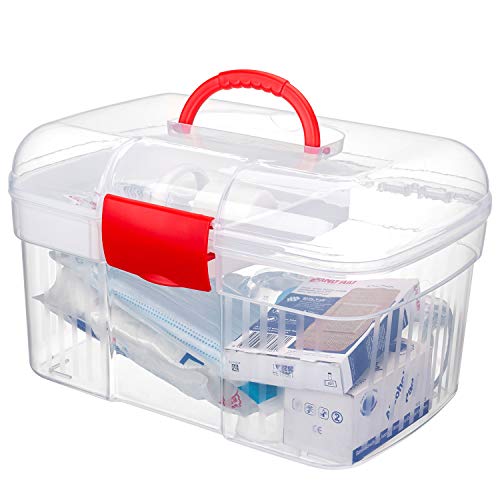 Red First Aid Clear Container Bin/Family Emergency Kit Storage Box w/Detachable Tray - MyGift