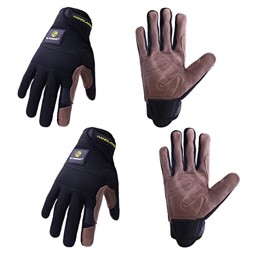 2 pares de guantes de trabajo de cuero para hombres y mujeres, guantes de trabajo de seguridad de utilidad, guantes de jardinería con palma de piel de cerdo (L, negro)