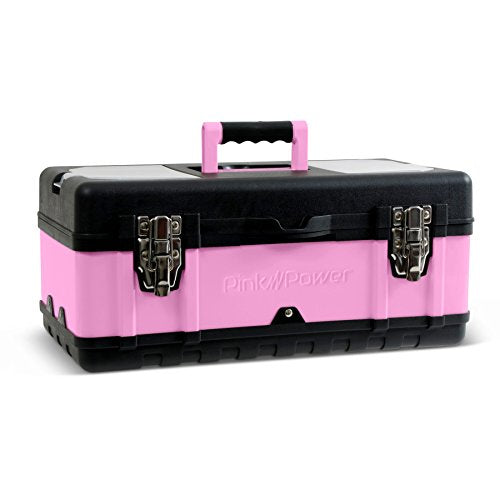 Pink Power Caja de herramientas rosa para mujer – Caja de herramientas pequeña de metal y plástico portátil ligera y rosa con bloqueo vacío – Caja de herramientas para manualidades y herramientas organizador de herramientas para mujer, juego de herramient