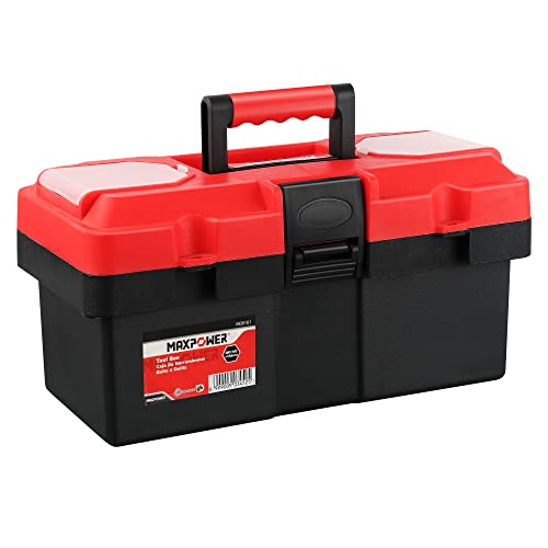 MAXPOWER Caja de herramientas de plástico de 35,5 cm con bandeja extraíble con doble bloqueo asegurado, color rojo