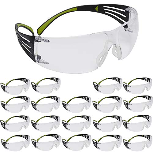 3M Gafas de seguridad, SecureFit, paquete de 20, ANSI Z87, lente transparente antiarañazos, marco verde/negro, patillas flexibles