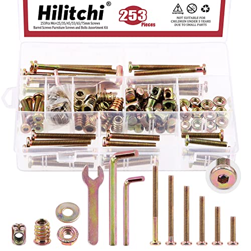Hilitchi Juego de 253 tornillos de cuna chapados en zinc M6 (25-75 mm), kit surtido de herramientas de tornillos hexagonales para muebles, camas, cuna