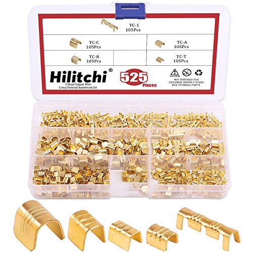 Hilitchi 525 piezas TC-1, TC-A, TC-B, TC-C, TC-T no aisladas en forma de U, kit surtido de terminales de anillo de cobre con pala de alambre conector eléctrico