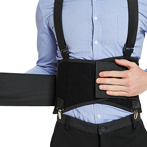 Neotech Care - Soporte lumbar con clips extraíbles para pantalones y tirantes desmontables - Cinturón de apoyo para la espalda - Ajustable, ligero, transpirable, fundas de hombro - Trabajo, postura - Negro (talla XL)