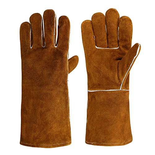 Guantes de soldadura resistentes al calor, guantes de parrilla para horno de soldador, guantes para estufa de chimenea, color marrón - 35,5 cm