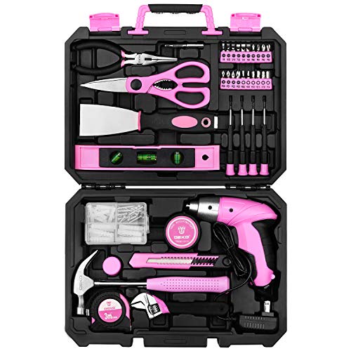 DEKO - Juego de 98 herramientas manuales de color rosa para uso general en el hogar con estuche de almacenamiento de plástico