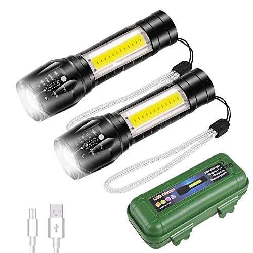 EASYTAO Linterna LED Recargable Paquete de 2, Lampara Tactica con Luz de XPE+COB Flashlight Portátil, Lampara Led con 5 Modos de Luz