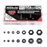 Hilitchi Kit surtido de tuercas hexagonales de nailon chapado en zinc negro, 165 unidades