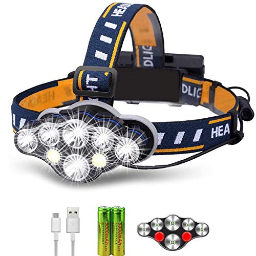 Tradineur - Linterna de cabeza, 9 LED, luz frontal, 4 modos de luz, batería  recargable, cable USB, resistente al agua, correr, e