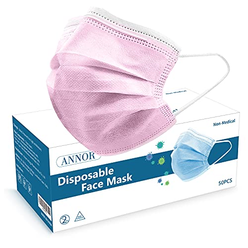 Máscara facial desechable, transpirable, máscara para la cara con 2 extensiones de máscara, antipolvo, máscara de protección diaria con capa de filtro y orejeras de punto, color rosa (paquete de 50)