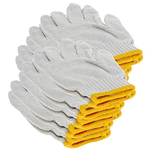 Othmro Guantes blancos con borde amarillo lavable, guantes de algodón lisos sin costuras, guantes de trabajo protectores industriales de trabajo, buenos para trabajadores de madera trabajando en fábrica, 10 pares