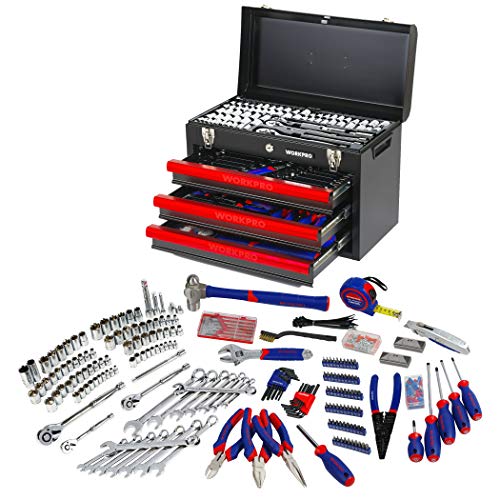 WORKPRO W009044A 408-Piece Mechanics Tool Set with 3-Drawer Heavy Duty Metal Box
