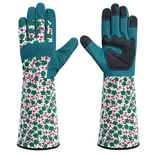 Isilila Guantes largos de jardinería para mujer, guantes de poda de rosas de alta calidad, guantes de jardín a prueba de espinas con protección del antebrazo, guantes de trabajo transpirables con pantalla táctil