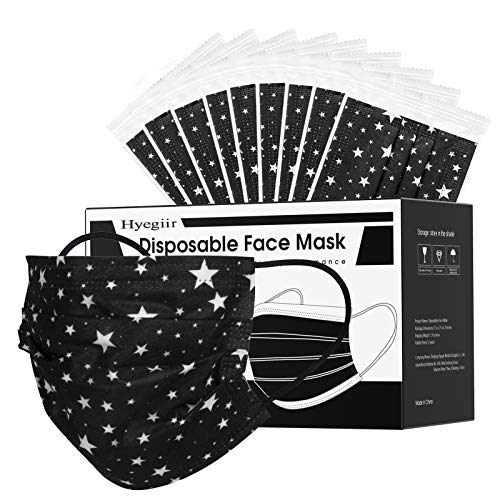 Paquete de 50 máscaras desechables de estrellas envueltas individualmente, 3 capas negras no tejidas, antipolvo, transpirable y a prueba de polvo, protege la boca y la nariz para adultos,