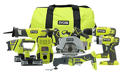 Ryobi P884 One+ Combination Lithium Ion Cordless Power Tool Set (6 x Power Tools, 2 x Compact Lithium Ion Batteries, 1 x Charger, 1 x ContractorÃs Bag)