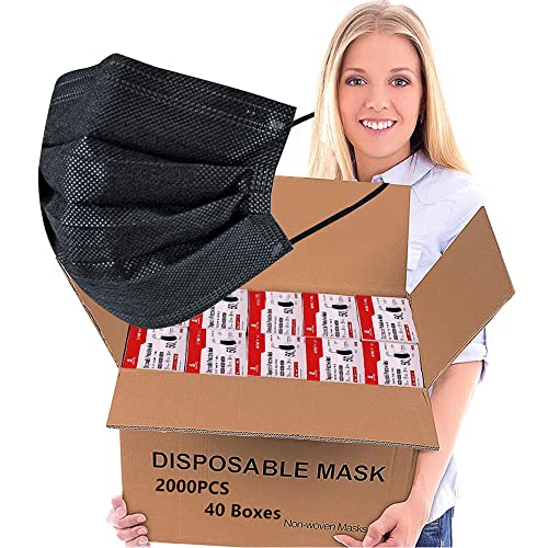 2000 mascarillas desechables negras (40 cajas, 50 piezas/caja), máscara desechable al por mayor, no tejida, 3 capas gruesas, máscaras antipolvo para negocios, escuela, PPE