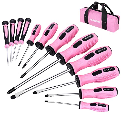FASTPRO - Juego de 12 destornilladores magnéticos rosados con destornilladores Phillips ranurados y destornilladores de precisión, kit de herramientas de reparación para mujeres con bolsa de almacenamiento