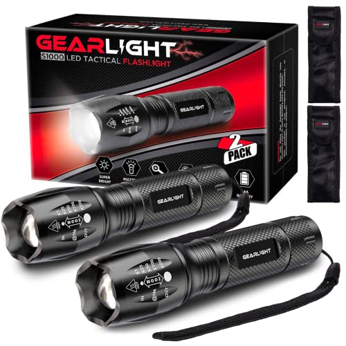 GearLight Linterna táctica LED S1000 [2 unidades] – Lúmenes altos, Zoomable, 5 modos, luz resistente al agua – Accesorios de camping, equipo al aire libre, linternas de emergencia