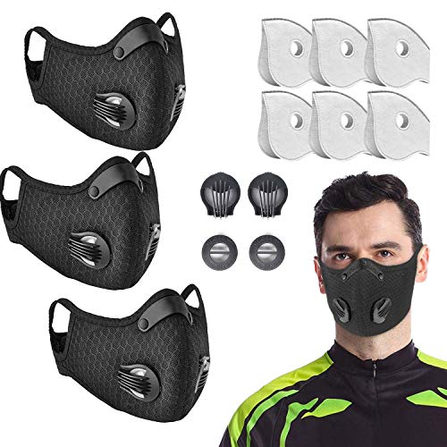 Unwider, 3 unidades de máscara antipolvo para prevenir la saliva con 6 filtros y 2 válvulas para actividades deportivas al aire libre, ciclismo, motocicleta, correr (ZLD3M6-2-1)