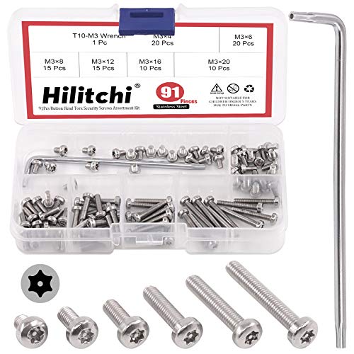 Hilitchi - Tornillos de seguridad Torx con cabeza de botón M3, 90 unidades, 6 tamaños, tornillos de acero inoxidable a prueba de manipulación, con broca T10, M3 x 4/6/8/12/16/20