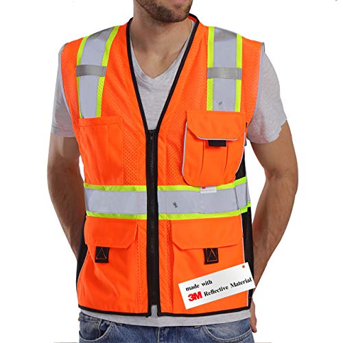 Dib Safety Chaleco reflectante de malla naranja, chaleco de alta visibilidad con bolsillos y cremallera, chaleco resistente fabricado con cinta reflectante 3M, S