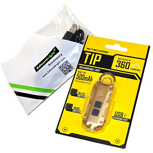 Nitecore TIP keychain flashlight; 360 lumen USB rechargeable; gold color body with EdisonBright brand USB charging cable