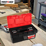 MAXPOWER Caja de herramientas de plástico de 35,5 cm con bandeja extraíble con doble bloqueo asegurado, color rojo