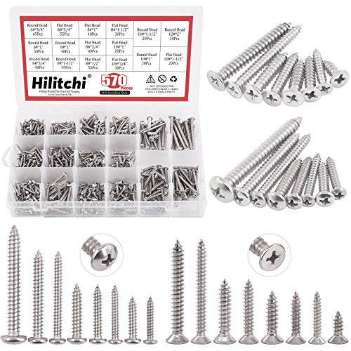 Hilitchi - Juego de tornillos autoperforantes de cabeza plana redonda (570 piezas, M, 3, 4, 5 y 6), de acero inoxidable