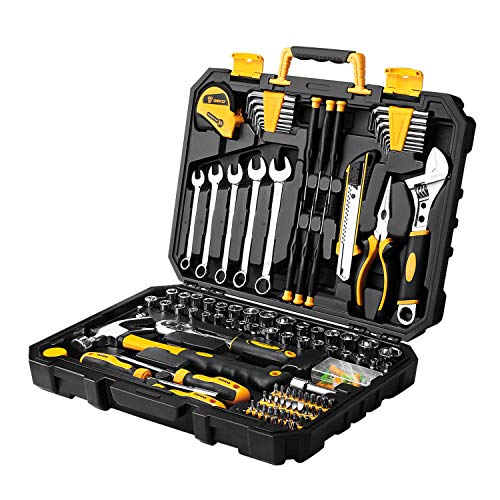 DEKOPRO Juego de herramientas de 158 piezas, conjunto de herramientas de mano para el hogar, juego de herramientas de reparación automática, con caja de herramientas de plástico