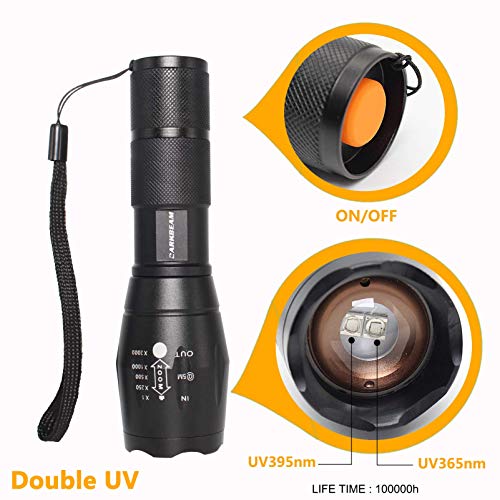 DARKBEAM Linterna UV de luz negra de 365 nm, lámpara de madera, recargable  de 36 W, potente portátil, 3 LED, luz ultravioleta negra, detector de orina