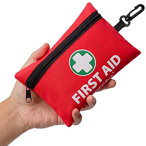 Mini kit de primeros auxilios, kit de primeros auxilios, 110 piezas, incluye manta de papel de aluminio, respirador de RCP, tijeras para viajes, hogar, oficina, vehículo, camping, lugar de trabajo y al aire libre (rojo)