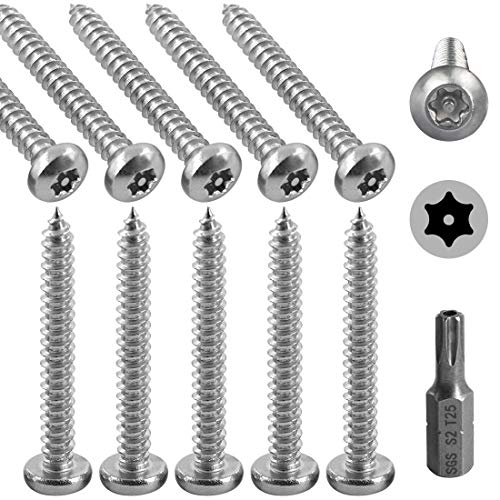 Hilitchi 50 tornillos de acero inoxidable #10 x 1-1/2 pulgadas, cabeza de botón Torx para chapa de metal, tornillos de seguridad plateados, antirrobo, a prueba de manipulaciones con broca T25
