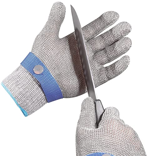 Mirokun Guantes resistentes a los cortes, versión mejorada 2.0 de nivel 9 de alambre de acero inoxidable de malla metálica para cocina, guantes de trabajo de seguridad (grande)