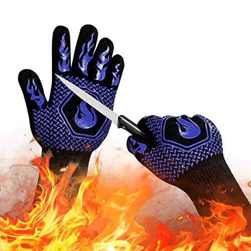 Guantes ignífugos para barbacoa, guantes resistentes a los cortes de parrilla de 1662 °F, guantes de horno de silicona antideslizantes, guantes de cocina seguros para cocina, guantes de horno, barbacoa, cocina, freír, 13.5 pulgadas, color azul