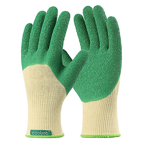 COOLJOB Guantes de trabajo con revestimiento de látex arrugado, guantes de trabajo de látex texturizados con agarre firme, verde y amarillo, un par, tamaño grande (1 par L)