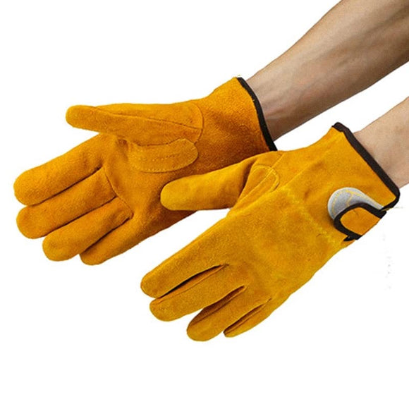 1 par de guantes de cuero ignífugos, color amarillo, duraderos, anticalor, guantes de seguridad para trabajo, para camping, soldadura, herramientas de mano de metal, 1 par, Medium